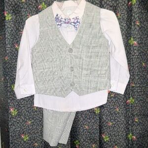Gray Plaid Vest Suit with Purple Shirt And Bow Tie